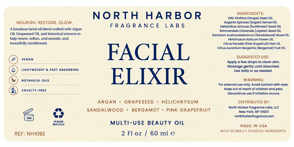 North Harbor Facial Elixir - Luxury Facial Oil with Argan, Grapeseed & Botanical Oils  - 2 fl oz / 60 mL