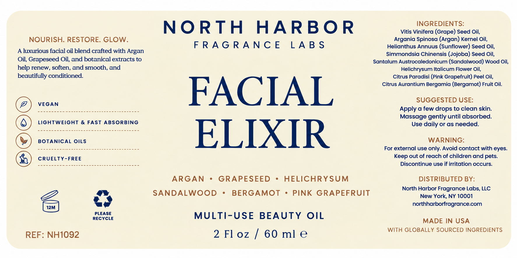 North Harbor Facial Elixir - Luxury Facial Oil with Argan, Grapeseed & Botanical Oils  - 2 fl oz / 60 mL