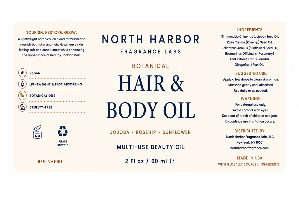 North Harbor Botanical Hair & Body Oil  - Lightweight Botanical Oil for Hair & Skin  - 2 fl oz / 60 mL