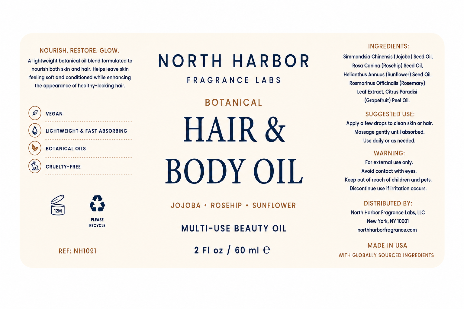 North Harbor Botanical Hair & Body Oil  - Lightweight Botanical Oil for Hair & Skin  - 2 fl oz / 60 mL