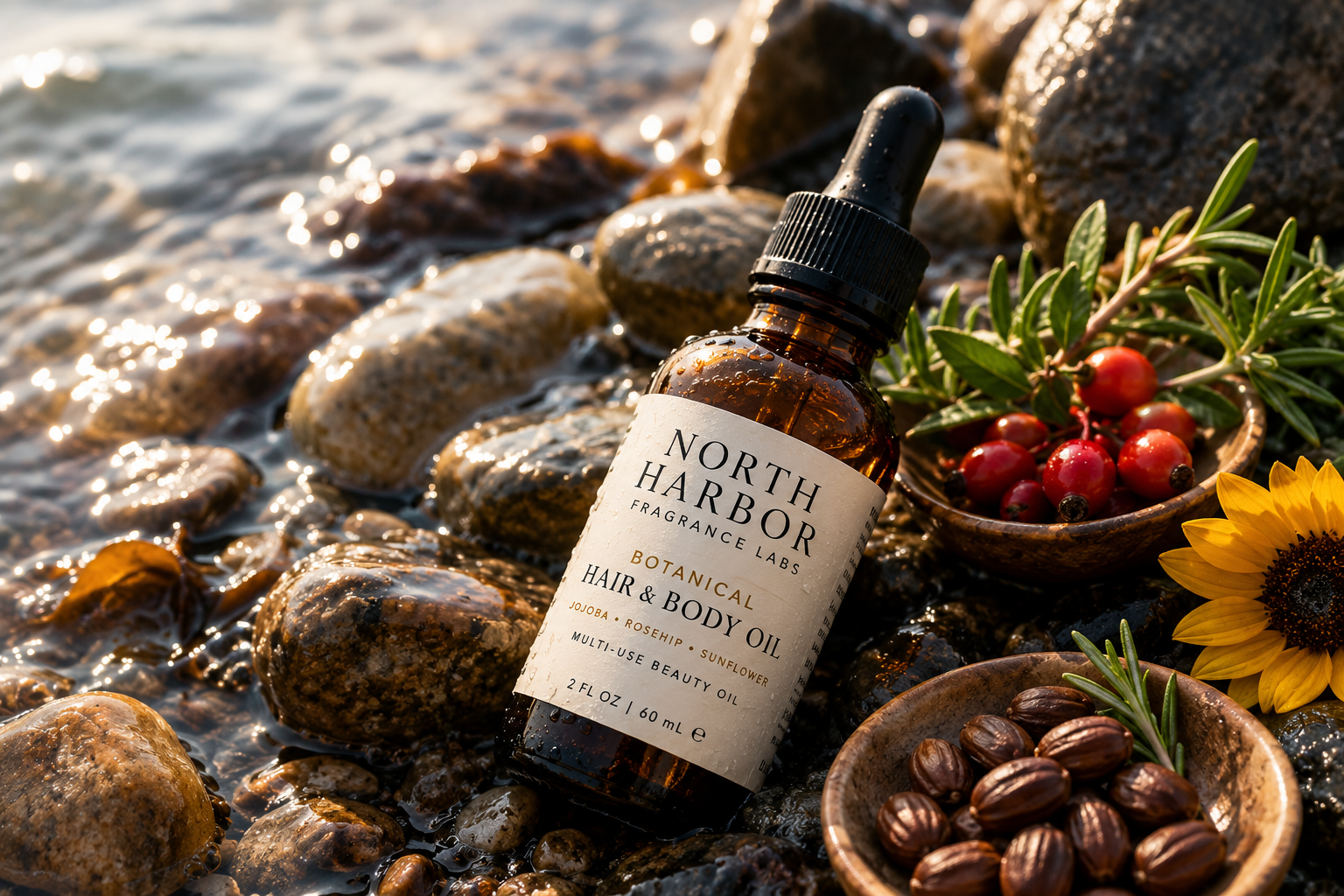North Harbor Botanical Hair & Body Oil  - Lightweight Botanical Oil for Hair & Skin  - 2 fl oz / 60 mL
