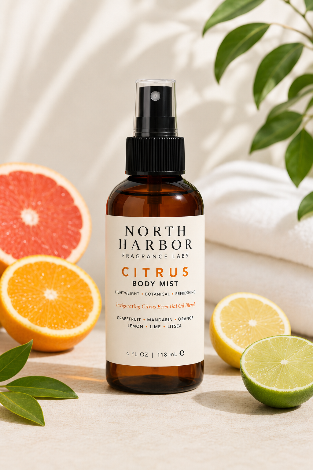 North Harbor Citrus Body Mist – Refreshing Botanical Body Mist with Grapefruit, Mandarin, Orange, Lemon & Lime Essential Oils – 4 fl oz / 118 mL