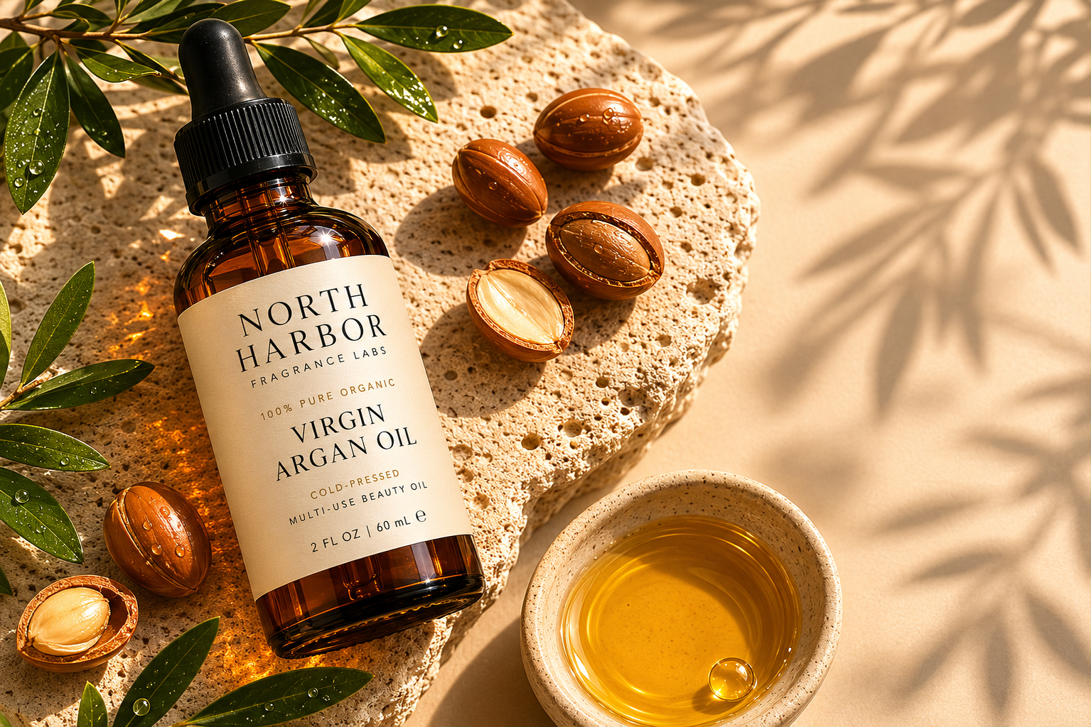 North Harbor Virgin Argan Oil  - 100% Pure Organic  - Cold-Pressed Beauty Oil  - 2 fl oz / 60 mL